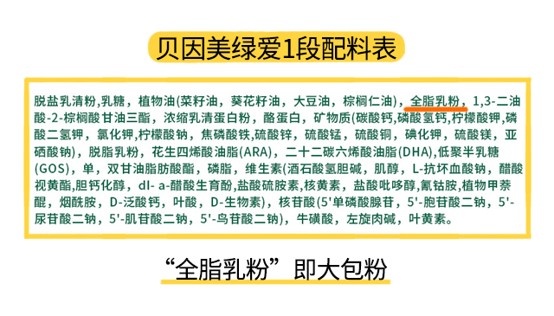 貝因美綠愛1段配料表