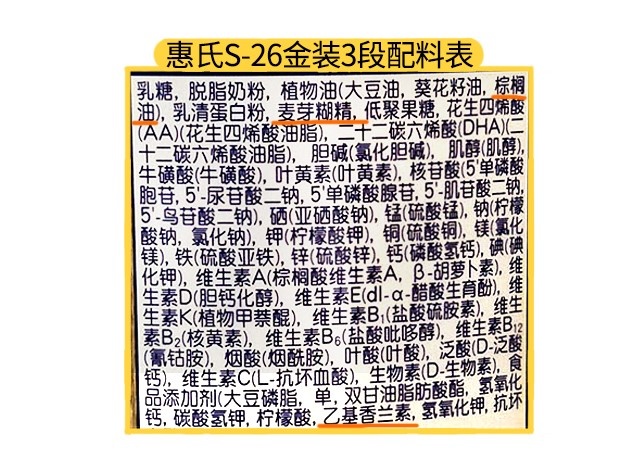 惠氏S-26金裝3段配料表